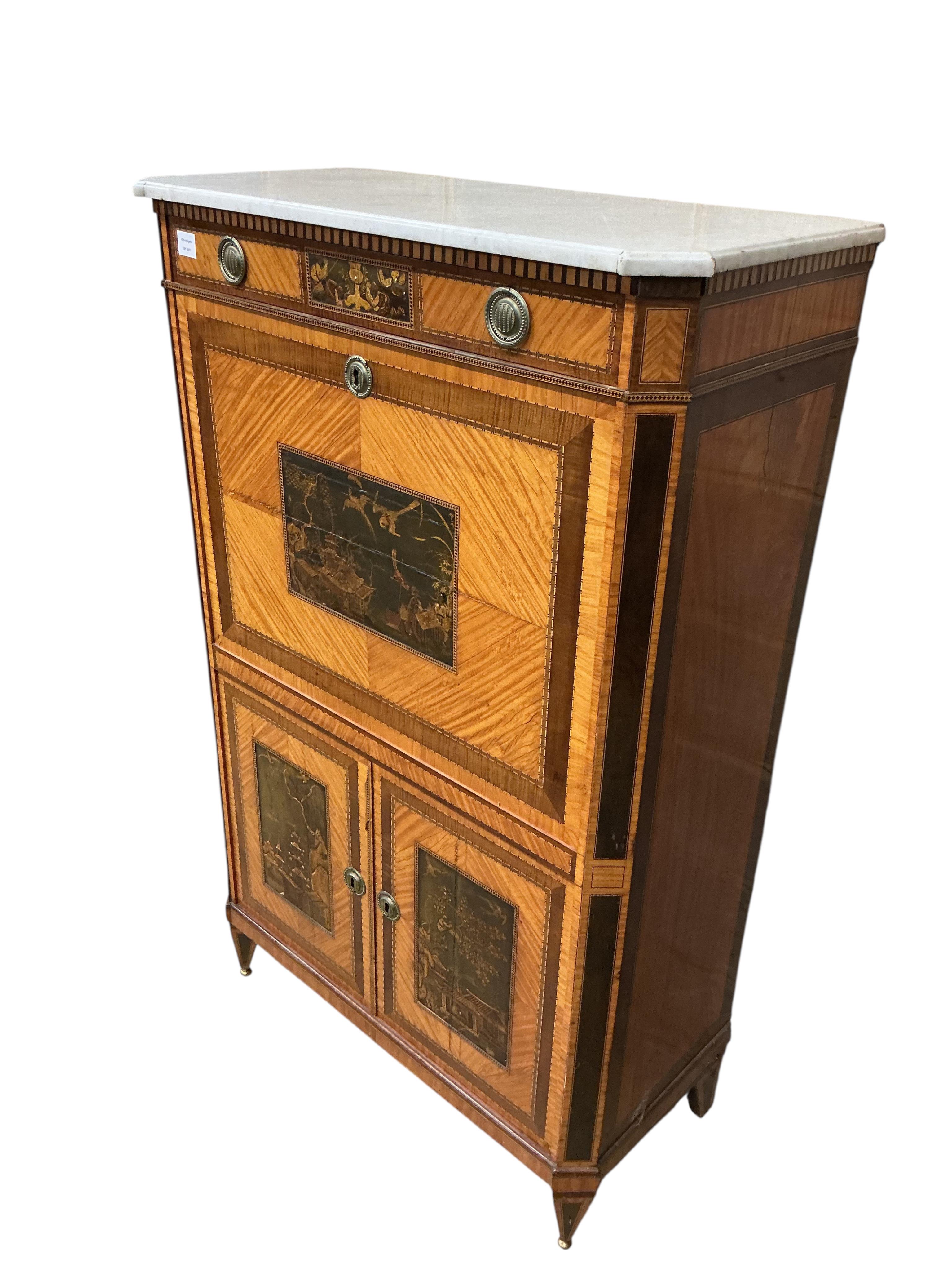 An early 19th century French marble topped satinwood secretaire abbatant, inset with Chinese chinoiserie style panels, width 92cm, depth 45cm, height 148cm